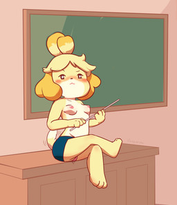 anthro blush bodily_fluids breasts chalkboard clothed clothing desk female fur furniture genital_fluids hair information_board inside looking_at_viewer nipples panties partially_clothed school sitting smile solo table teacher topless underwear vaginal_fluids yellow_body yellow_fur nyoronyan animal_crossing nintendo isabelle_(animal_crossing) canid canine canis domestic_dog mammal shih_tzu toy_dog hi_res