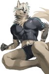anthro black_nose claws clothed clothing finger_claws fur green_eyes grey_body grey_fur kemono looking_at_viewer male muscular muscular_anthro muscular_male neck_tuft pantsless shirt simple_background sitting solo tight_clothing tight_shirt tight_topwear topwear tuft underwear dog23333 canid canine canis mammal wolf 2:3 hi_res