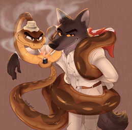 anthro cigarette clothing duo feral fur hat headgear headwear hug lighter male scales smile smirk smoke suit shelligator1 dreamworks the_bad_guys mr._snake_(the_bad_guys) mr._wolf_(the_bad_guys) canid canine canis mammal reptile scalie snake wolf colored hi_res
