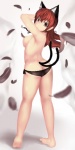 black_clothing black_panties black_underwear breasts cat_tail clothed clothing feathers female hair humanoid_pointy_ears long_hair looking_at_viewer looking_back multi_tail panties partially_clothed plantigrade pointy_ears raised_heel red_eyes red_hair side_boob simple_background solo tail topless underwear underwear_down white_background 463_jun touhou rin_kaenbyou animal_humanoid cat_humanoid felid felid_humanoid feline feline_humanoid humanoid mammal mammal_humanoid absurd_res hi_res