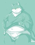 anthro blush briefs bulge clothed clothing clothing_lift kemono male navel overweight overweight_male shirt shirt_lift simple_background solo stained_underwear tighty_whities topwear underwear white_briefs white_clothing white_underwear takagi_kyou canid canine canis domestic_dog mammal 2024