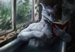 anthro bathing bathtub cozy horn horn_jewelry jewelry male muscular muscular_male raining reading ring scales smoking solo white_body white_scales yellow_eyes sophynelle mythology xanvaal dragon mythological_creature mythological_scalie scalie hi_res