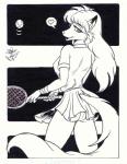 anthro ball bottomwear butt clothed clothing female hair heart_symbol holding_racket long_hair looking_at_viewer looking_back looking_back_at_viewer panties pleated_skirt racket rear_view skirt solo sport tennis tennis_ball tennis_racket underwear upskirt docmoreau canid canine fox mammal 2001 black_and_white hi_res monochrome