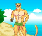 anthro beach clothing container cup drinking_glass eyewear glass glass_container glass_cup green_clothing green_underwear looking_aside male muscular pecs smile solo standing sunglasses sunny_day swimming_trunks swimwear tail underwear whiskers neruk absurd_res hi_res