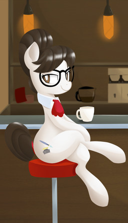 bar_stool brown_eyes brown_hair brown_tail collar container counter crossed_legs cup cutie_mark detailed_background eyewear female feral fur furniture glasses hair inside lights looking_at_viewer pose quadruped restaurant sitting solo stool tail white_body white_fur hidden-cat friendship_is_magic hasbro my_little_pony raven_inkwell_(mlp) earth_pony equid equine horse mammal pony digital_media_(artwork) hi_res shaded simple_shading