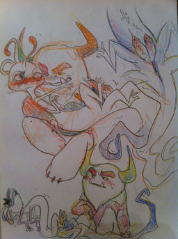 2_penises animal_genitalia animal_penis blush bodily_fluids cum cum_on_belly cum_on_body duo erection genital_fluids genitals hemipenes horn larger_male male male/male multi_genitalia multi_penis penis size_difference smaller_male sweat tusks unknown_artist disney monsters_inc monsters_university pixar johnny_worthington randall_boggs monster hi_res source_request traditional_media_(artwork)