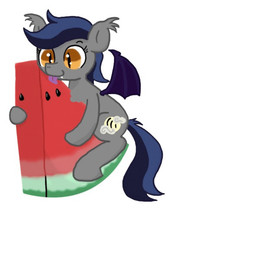 cutie_mark female feral food fruit fur grey_body grey_fur hair melon membrane_(anatomy) membranous_wings micro multicolored_hair on_food pink_background plant simple_background solo two_tone_hair watermelon watermelon_slice wings ficficponyfic hasbro my_little_pony bat_pony equid hybrid mammal 2013 animated animated_gif short_playtime