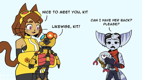 annoyed anthro black_nose blue_eyes boots breasts brown_body brown_hair brown_tail clothing cybernetic_arm cybernetic_limb duo eyelashes eyewear eyewear_on_head female female/female fluffy fluffy_tail footwear goggles goggles_on_head group hair looking_at_another lying machine male male/female markings nervous pink_nose pose question_mark red_eyes red_scarf ring_(marking) ringed_tail scarf shoes sitting smile speech_bubble standing striped_body striped_markings striped_tail stripes tail tail_markings text thin_tail trio whiskers gameoverse glitch_productions ratchet_and_clank sony_corporation sony_interactive_entertainment kaboodle_(gameoverse) kit_(ratchet_and_clank) kit_bodega rivet_(ratchet_and_clank) domestic_cat felid feline felis lombax mammal robot 16:9 crossover english_text hi_res widescreen