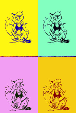 5_fingers anthro arms_bent bangs bent_legs black_clothing black_crop_top black_ears black_eyes black_footwear black_nose black_shirt black_shoes black_topwear blue_clothing blue_crop_top blue_footwear blue_line_art blue_nose blue_shirt blue_shoes blue_topwear braided_pigtails breasts cleavage clothed clothed_anthro clothed_female clothing crop_top female female_anthro fingers footwear fully_clothed fully_clothed_anthro fully_clothed_female hair hand_on_leg hand_on_own_leg long_hair orange_background overalls pink_background pop_art red_clothing red_footwear red_line_art red_nose red_shoes shirt shoes simple_background sitting solo teal_background text tongue tongue_out topwear torn_overalls yellow_background starburst_uwu patricia_mac_sionnach canid canine fox mammal 2022 absurd_res artist_name colored_line_art english_description flat_colors hi_res pen_(artwork) traditional_media_(artwork)