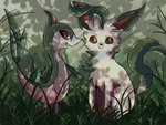 2016 3_fingers 4:3 4_legs ambiguous_gender black_nose brown_eyes brown_feet brown_inner_ear cheek_tuft chest_tuft digital_drawing_(artwork) digital_media_(artwork) duo eeveelution facial_tuft feet feral fingers fluffy fur game_freak generation_4_pokemon generation_5_pokemon grass green_body green_fur hi_res leaf leaf_hair leaf_tail leafeon long_ears long_tail looking_away mammal multicolored_body multicolored_fur multicolored_skin nintendo notched_ear open_mouth outside paws plant plant_hair pokemon pokemon_(species) pseudo_hair red_eyes servine shadnoir sitting smile standing tail tan_body tan_fur tuft