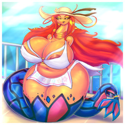 anthro apode apron areola areola_slip armless belly big_breasts bikini bikini_top breasts brown_areola clothed clothed_female clothing eyelashes female hair hat headgear headwear huge_breasts huge_hips huge_thighs legless long_hair long_neck looking_at_viewer navel open_mouth red_hair serpentine solo sun_hat swimwear thick_thighs two-piece_swimsuit wide_hips boiful nintendo pokemon mila_(president_alexander) draconcopode generation_3_pokemon milotic naga pokemon_(species) 1:1 2025 absurd_res digital_media_(artwork) hi_res