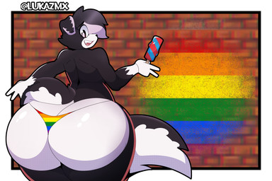 anthro big_butt black_body black_fur bubble_butt butt clothed clothing fur hair huge_butt lgbt_pride looking_at_viewer male multicolored_body multicolored_fur open_mouth pride_colors rainbow_pride_colors simple_background six-stripe_rainbow_pride_colors smile solo tail thick_thighs thong underwear white_body white_fur lukazmx lgbt_pride_month dead_rain_(oc) canid canine mammal absurd_res digital_media_(artwork) hi_res