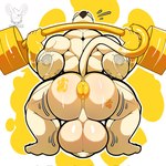 anthro anus back_muscles balls big_balls big_butt black_hair butt butt_markings crouching emanata exercise footprint fur genitals hair huge_balls hyper hyper_balls hyper_genitalia male markings muscular muscular_anthro muscular_arms muscular_male nude_anthro nude_male pawprint pawprint_(marking) puffy_anus raised_tail rear_view saggy_balls scrotum_flap simple_background solo tail weightlifting white_body white_fur workout yellow_anus yellow_background yellow_markings yamwamm meowdas domestic_cat felid feline felis mammal 2024 hi_res