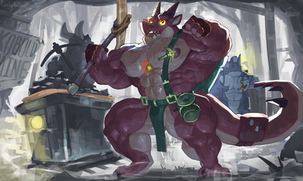 2_horns 3_toes 4_fingers accessory anthro areola armor bag barazoku biceps big_muscles biped black_eyes bodily_fluids bottomwear chest_markings claws clothed clothing countershade_legs countershade_scales countershade_tail countershade_torso countershading detailed_background feet fingerless_gloves fingers furgonomics gloves green_bottomwear green_clothing green_loincloth group hand_on_own_chest handwear hard_hat head_horn headgear helmet holding_object holding_pickaxe horn huge_muscles loincloth loincloth_only looking_at_another looking_at_viewer male markings mine minecart miner muscular muscular_male nipples non-mammal_nipples open_mouth open_smile orange_sclera pecs pickaxe purple_body purple_scales scales sign smile solo_focus spiked_tail spikes spikes_(anatomy) standing sweat sweaty_chest tail tail_accessory tail_bag teeth text toe_claws toes topless trio vein veiny_muscles goofyahdragons kobold scalie 2025 artist_name digital_drawing_(artwork) digital_media_(artwork) full-length_portrait hi_res portrait