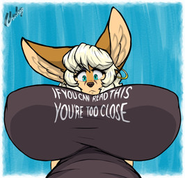 anthro big_breasts big_ears blonde_hair blue_eyes breasts clothing ear_piercing ear_ring ears_up eyebrows eyelashes female hair huge_breasts looking_at_viewer looking_down looking_down_at_viewer piercing ring_piercing shirt solo text text_on_clothing topwear chisheq sandra_(chisheq) canid canine fennec_fox fox mammal true_fox