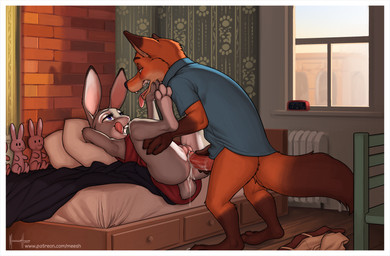 anthro balls bedding blanket bodily_fluids bottomless clock clothed clothing countershading cum cum_drip cum_in_vagina cum_inside doll dripping duo erection female female_penetrated genital_fluids genitals humanoid_genitalia humanoid_penis interspecies licking licking_lips lying male male/female male_penetrating male_penetrating_female no_underwear on_back penetration penile penile_penetration penis penis_in_vagina pillow predator/prey self_lick sex shirt standing table_lotus_position text tongue tongue_out topwear vaginal vaginal_penetration vulva window meesh disney zootopia judy_hopps nick_wilde canid canine fox lagomorph leporid mammal rabbit red_fox true_fox 2017 digital_media_(artwork) hi_res url