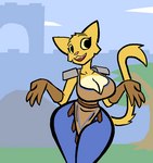 anthro big_breasts breast_jiggle breast_sway breasts cleavage clothed clothing dialogue female fur huge_breasts huge_hips jiggling shaking_breasts small_waist solo text thick_thighs wide_hips yellow_body yellow_fur aygee microsoft prequel_adventure the_elder_scrolls katia_managan domestic_cat felid feline felis khajiit mammal animated english_text short_playtime