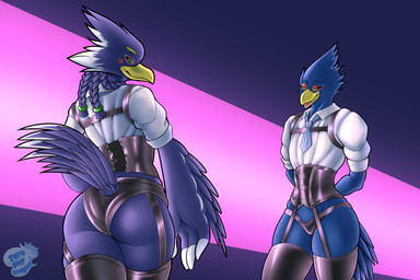 anthro beak blue_body blue_feathers blush braided_hair butt clothed clothing corset crossdressing crossed_legs duo feathers femboy garter_belt garter_straps hair latex latex_clothing legwear lingerie looking_at_viewer male necktie purple_background rear_view shirt simple_background smile stockings tail tail_feathers thigh_highs topwear underwear white_clothing white_shirt white_topwear tero-blue-dragon breath_of_the_wild nintendo star_fox the_legend_of_zelda falco_lombardi revali avian bird rito 3:2 absurd_res hi_res