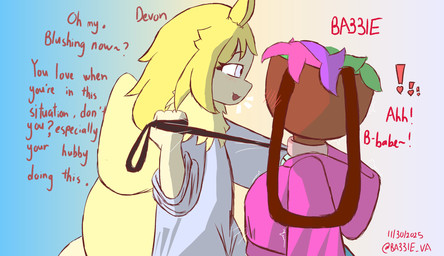 anthro bell bell_collar close-up collar dialogue duo female femboy fictionkin leash leashed_collar male male/female standing cannima blushcrunch_studio dandy's_world roblox ba331e/sapphire_(cannima) bassie_(dandy's_world) devon_(cannima) arthropod humanoid hybrid insect lepidopteran moth hi_res trans_(lore) trans_woman_(lore)