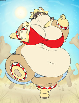 anthro belly big_belly big_breasts black_hair boots bottomwear breasts brown_eyes chubby_cheeks clothing crop_top deep_navel fat_arms female footwear fur gloves hair handwear hat headgear headwear heat_(temperature) huge_belly huge_breasts jacket light multicolored_body multicolored_fur navel obese obese_anthro obese_female overweight overweight_anthro overweight_female shirt shoes shorts solo sun sunlight tan_body tan_fur thick_thighs topwear two_tone_body two_tone_fur weight_gain wild_west virus-20 june_coyote canid canine canis coyote mammal 2024 digital_media_(artwork) hi_res