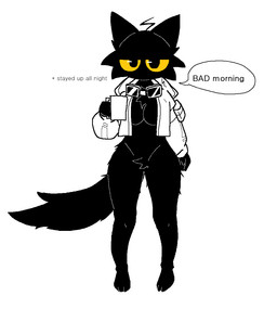 anthro biped black_body black_eyes black_fur black_tail bottomless cheek_tuft clothed clothing container crotch_tuft cup dialogue eyewear facial_tuft female fur goggles goggles_around_neck holding_container holding_cup holding_object jacket orange_sclera solo speech_bubble standing tail text topwear tuft sabgong shiron_(sabgong) domestic_cat felid feline felis mammal english_text