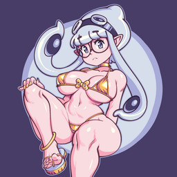 big_breasts bikini biped breasts clothed clothing eyewear female flip_flops footwear glasses glistening glistening_body humanoid_pointy_ears looking_at_viewer pointy_ears pseudo_hair sandals shoes swimwear tentacle_hair tentacles thick_thighs two-piece_swimsuit wearing_glasses wide_hips yellow_clothing supersatanson golden_week nintendo splatoon aquatic cephalopod humanoid inkling mollusk 1:1 hi_res
