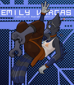 abstract_background anthro barefoot beak black_claws blue_body blue_eyes blue_eyewear blue_feathers blue_goggles blue_stripes bottomwear breasts claws cleavage clothed clothing collar eyewear eyewear_on_head feathers feet female gloves goggles goggles_on_head grey_beak grey_body grey_clothing grey_eyewear grey_gloves grey_goggles grey_handwear handwear legs_up looking_at_viewer pants raised_hand red_bottomwear red_clothing red_collar red_pants shirt solo striped_feathers stripes talons tank_top text toe_claws toes topwear white_clothing white_shirt white_tank_top white_topwear triti_(artist) cutting_edge:_roots_of_mutation emily_vargas avian bird corvid jay_(bird) new_world_jay oscine passerine steller's_jay 2025 absurd_res english_text hi_res