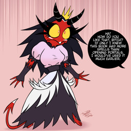 2_toes 4_fingers alternate_species barefoot black_fingernails black_hair black_nails clothed clothed_female clothed_humanoid clothing colored_nails crown dialogue dress eyelashes facial_markings feet female fingerless_gloves fingernails fingers gloves hair handwear head_markings headgear horn long_eyelashes long_fingernails markings nails offscreen_character pink_background pink_blouse profanity red_body red_eyes red_skin simple_background solo spade_tail speech_bubble tail text toes white_markings yellow_sclera kojot hellaverse helluva_boss stella_(helluva_boss) demon humanoid imp 1:1 2026 alternate_version_at_paywall english_description english_text hi_res signature