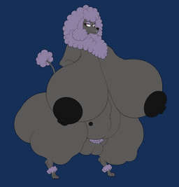 anthro belly big_breasts big_nipples big_vulva breasts butt colored_nails crotch_fur eyelashes female fur genitals grey_body huge_breasts huge_nipples hyper hyper_breasts lipstick looking_back makeup multi_nipple nails navel nipple_outline nipples nude overweight pawpads purple_body purple_fur purple_lipstick purple_nails semi-anthro smile solo tail tail_fur vulva wide_hips zuremow priscilla_clementine canid canine canis domestic_dog mammal poodle absurd_res alpha_channel hi_res