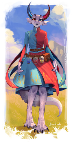 4_fingers 4_toes anthro belt bottle claws clothed clothing cloud container dress feet female fingers flat_chested grass heterochromatic_horns heterochromia horn ink_bottle inkwell looking_at_viewer mountain multicolored_clothing multicolored_dress open_mouth plant purple_body sky solo tail toes nodriot dungeons_and_dragons hasbro magic:_the_gathering mythology wizards_of_the_coast xindrith_prismari dragon mythological_creature mythological_scalie scalie absurd_res hi_res