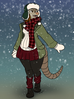 anthro boots bottomwear breasts brown_hair clothing female footwear gloves hair handwear hat headgear headwear jacket open_mouth scarf shoes simple_background skirt smile snow snowing solo sweater tail topwear walking halcy0n constantina_bell armadillo mammal xenarthran 2026 3:4 digital_media_(artwork) hi_res