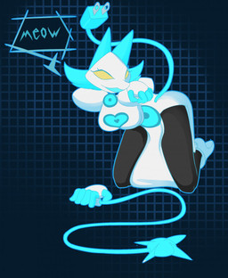 anthro blue_hair breasts dialogue female hair heart_symbol kneeling looking_at_viewer machine raised_hand smile solo suggestive suggestive_pose text yellow_eyes zody300 deltarune undertale_(series) tasque_manager android darkner domestic_cat felid feline felis mammal robot hi_res