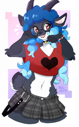 anthro biped black_choker black_jewelry black_necklace blue_hair bottomwear bracelet breasts choker clothed clothed_anthro clothed_female clothing countershade_torso countershading eyewear female fingers front_view fully_clothed fully_clothed_anthro fully_clothed_female fur glasses hair horizontal_pupils horn jewelry long_hair looking_at_viewer midriff navel necklace pupils round_glasses smile solo standing tail teeth tongue topwear wearing_glasses wolflady serenity_(laggyb0i) bovid caprine mammal sheep 2026 digital_drawing_(artwork) digital_media_(artwork)