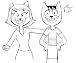 anthro clothed clothing duo female hair male open_mouth short_hair simple_background smile creator_ant a_kitty_bobo_show kitty_bobo maggie_(kitty_bobo) domestic_cat felid feline felis mammal black_and_white hi_res monochrome