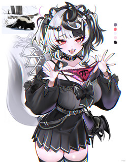 accessory big_breasts big_tail black_hair blush breasts clothing female hair hair_accessory huge_breasts humanoidized looking_at_viewer markings multicolored_hair open_mouth open_smile panties piercing real red_eyes sharp_teeth simple_background smile smiling_at_viewer solo spiral spiral_eyes striped_markings striped_tail stripes tail tail_markings teeth thick_thighs tongue tongue_piercing underwear white_hair 7h4ze animal_humanoid humanoid mammal mammal_humanoid mephitid mephitid_humanoid skunk_humanoid absurd_res hi_res signature