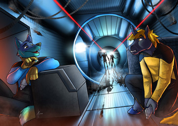 anthro bared_teeth blonde_hair blue_body blue_fur clothed clothing crouching duo_focus fur futuristic_gun green_eyes grey_body grey_fur grey_horn grey_nose group gun hair holding_gun holding_object holding_ranged_weapon holding_weapon horn inside laser male male_anthro messy_hair open_mouth orange_eyes ranged_weapon standing teeth weapon whiskers hufnaar mythology canid canine equid equine mammal mythological_creature mythological_equine unicorn 2020 dated