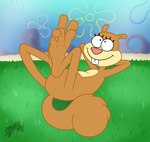 anthro breasts featureless_breasts featureless_crotch feet female flat_chested foot_focus lying on_back smile solo benjipaws nickelodeon spongebob_squarepants sandy_cheeks mammal rodent sciurid tree_squirrel hi_res