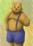 anthro belly blush bottomwear brown_body brown_fur clothing fur humanoid_hands kemono male moobs shorts slightly_chubby solo kuma_(pixiv_881259) kumadasi bear mammal 2009 hi_res