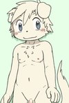 5_fingers anthro balls blue_eyes blush fingers flaccid fur genitals happy male navel nipples nude penis simple_background solo tail white_body white_fur young young_anthro shomunona bandai_namco summon_night panashe_(summon_night) canid canine canis domestic_dog mammal 2022 2:3