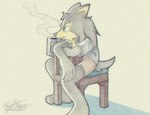 anthro beverage chair clothed clothing coffee container cup furniture holding_container holding_cup holding_mug holding_object male mug sitting solo tired tired_expression tired_eyes glairedaggers bandai_namco klonoa_(series) guntz canid canine canis mammal wolf