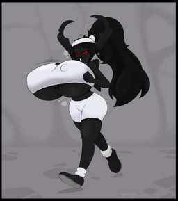 anthro big_breasts black_body black_border black_hair black_horn bodily_fluids border breasts exercise female hair horn huge_breasts hyper hyper_breasts jogging nipple_outline open_mouth red_eyes solo steam sweat wings angelthecatgirl the_binding_of_isaac_(series) eve_(angelthecatgirl) eve_(tboi) demon vampire hi_res