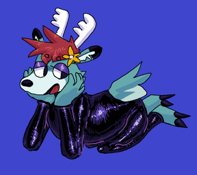 accessory anthro antlers black_ear_tips black_nose blue_background clothing dipstick_ears ear_markings flower flower_in_hair fur green_body green_fur hair hair_accessory hand_on_chin horn humanoid_hands inner_ear_fluff latex latex_clothing latex_skinsuit male markings multicolored_ears narrowed_eyes open_mouth pink_tongue plant red_hair short_tail simple_background skinsuit solo tail tight_clothing tongue tuft devthefox russelbuck_(character) canid canine canis deer domestic_dog hybrid mammal 2024 digital_drawing_(artwork) digital_media_(artwork)