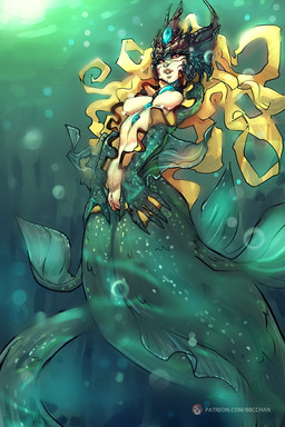 aquamarine_(gem) armor black_sclera blonde_hair breasts bubble clitoris female fin fin_frill frill_(anatomy) genitals green_body green_scales hair headgear helmet looking_aside looking_down membrane_(anatomy) membranous_frill nipples open_mouth pink_vulva pubic_mound red_eyes scales solo split_form underwater vulva water webbed_hands yellow_body yellow_skin bbc-chan league_of_legends riot_games tencent nami_(lol) animal_humanoid aquatic aquatic_humanoid fish fish_humanoid humanoid merfolk 2:3 hi_res