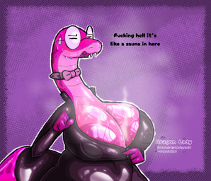 anthro areola big_areola big_breasts bodily_fluids breasts clothing collar dialogue eyewear female glasses huge_breasts latex latex_clothing latex_skinsuit musk musky_body musky_breasts profanity skinsuit solo steam steam_clouds steaming_body sweat sweatdrop sweaty_breasts talking_to_self text tight_clothing undressing_self wearing_glasses dragonlady_(artist) reptile scalie snake english_text hi_res