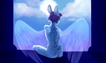 2012 ambiguous_gender anthro blue_body blue_fur butt casual_nudity demicoeur digital_media_(artwork) eyewear feathered_wings feathers fluffy fluffy_tail fur glasses hair lagomorph mammal nude purple_hair rear_view skvader solo tail translucent translucent_wings wings