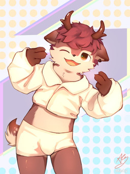 anthro biped brown_body brown_eyes brown_fur bulge clothing fur hair kemono long_sleeve_shirt looking_at_viewer male one_eye_closed pink_hair shirt shota slim_anthro slim_male solo topwear white_body white_clothing white_fur white_shirt white_topwear young young_anthro young_male fur_alasky deer mammal 2022 3:4