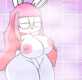 anthro areola bathing bathroom big_breasts bodily_fluids breasts female genital_fluids hair looking_pleasured masturbation nipples pink_areola pink_hair pink_nipples showering solo vaginal_fluids water white_body jeibii_(ph) sweetie_(jeibii) lagomorph leporid mammal rabbit hi_res