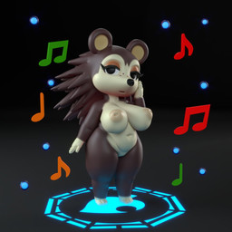anthro areola big_breasts black_background black_eyes black_nose breasts brown_body brown_eyeshadow brown_fur eyelashes feet female freckled_face freckles front_view fur genitals gloves_(marking) gradient_background grey_background inverted_nipples leg_markings looking_at_viewer markings musical_note musical_symbol navel nipples nude open_mouth simple_background socks_(marking) solo symbol tan_areola tan_body tan_fur tan_nipples thick_thighs vulva wide_hips general_buta animal_crossing nintendo sable_able eulipotyphlan hedgehog mammal 1:1 3d_(artwork) digital_media_(artwork)