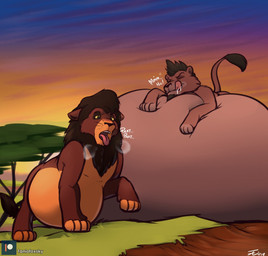 belly big_belly bloated bodily_fluids breath drooling duo feral huge_belly hyper hyper_belly male obese obese_feral obese_male overweight overweight_feral overweight_male panting saliva steamy_breath tongue tongue_out weight_gain tanio disney the_lion_king kovu_(the_lion_king) nuka_(the_lion_king) felid lion mammal pantherine hi_res