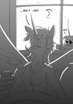 absurd_res anthro anthrofied awake bed blush chrysalisdraws clothing crescent_moon duo english_text equid equine ethereal_hair feathered_wings feathers female friendship_is_magic furniture greyscale hasbro hi_res horn licking licking_lips mammal monochrome moon my_little_pony mythological_creature mythological_equine mythology night pajamas pillow princess_luna_(mlp) profanity sparkles star text tongue tongue_out twilight_sparkle_(mlp) unicorn window wing_boner winged_unicorn wings